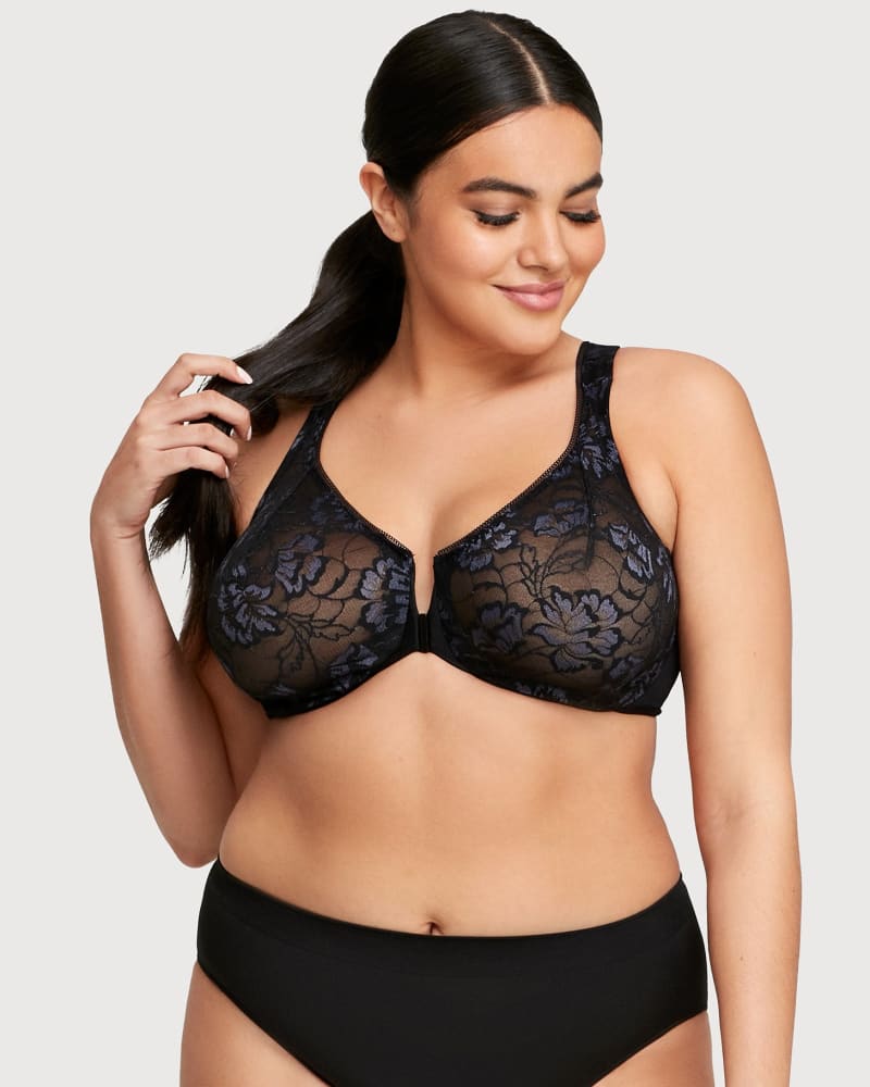 Front of a model wearing a size 36B Lacey T-Back Front-Closure WonderWire Bra in Black by Glamorise. | dia_product_style_image_id:260729